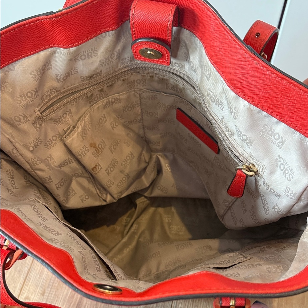 Michael Kors Red Orange tote Bag coated leather gold purse handbag MK designer - Picture 9 of 11